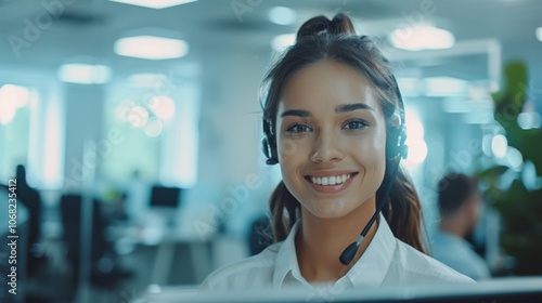 In a modern office, a female Call Center Agent in a headset smiles, showing dedication to customer service and teamwork. Her professionalism benefits communication and client service