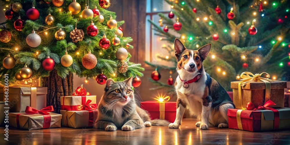 Obraz premium A Heartwarming Scene of a Dog and Cat Underneath a Christmas Tree Surrounded by Presents, Captured from Above in Stunning Drone Photography for a Festive Holiday Vibe