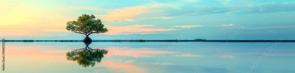 Fototapeta premium tree of life, reflection on water panorama, image with copyspace art