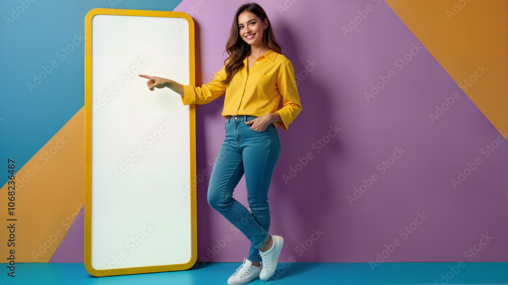 A young woman in a bright yellow shirt points at a light panel against a colorful background. Ideal for advertising, social media promotions, or fashion campaigns, copy space A young woman in a bright yellow shirt points at a light panel against a colorful background. Ideal for advertising, social media promotions, or fashion campaigns, copy space