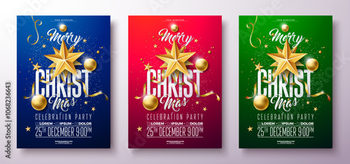 Merry Christmas Party Flyer Design with Ornamental Glass Ball and Golden Star on Red, Blue and Green Background. Vector Holiday Season Celebration Poster Illustration Set with Typography Letter for
