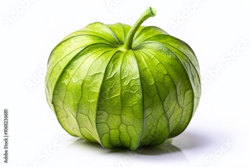 Fresh Mexican Tomatillo on White Background, Showcasing Its Unique Green Color, Texture, and Shape, Ideal for Culinary and Health-Related Themes in Food Photography