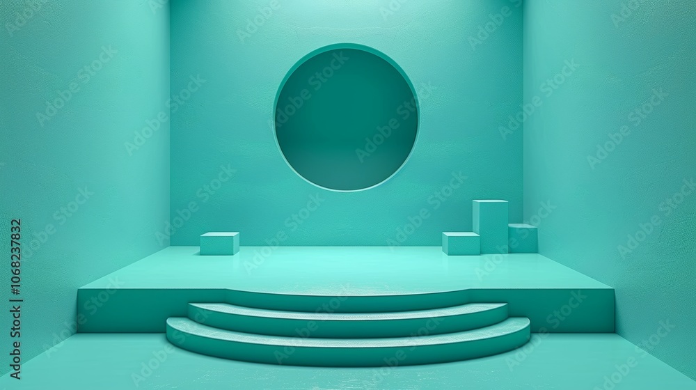 A modern green podium set against a textured backdrop featuring circular and rectangular shapes, perfect for showcasing products in a minimalistic style A modern green podium set against a textured backdrop featuring circular and rectangular shapes, perfect for showcasing products in a minimalistic style