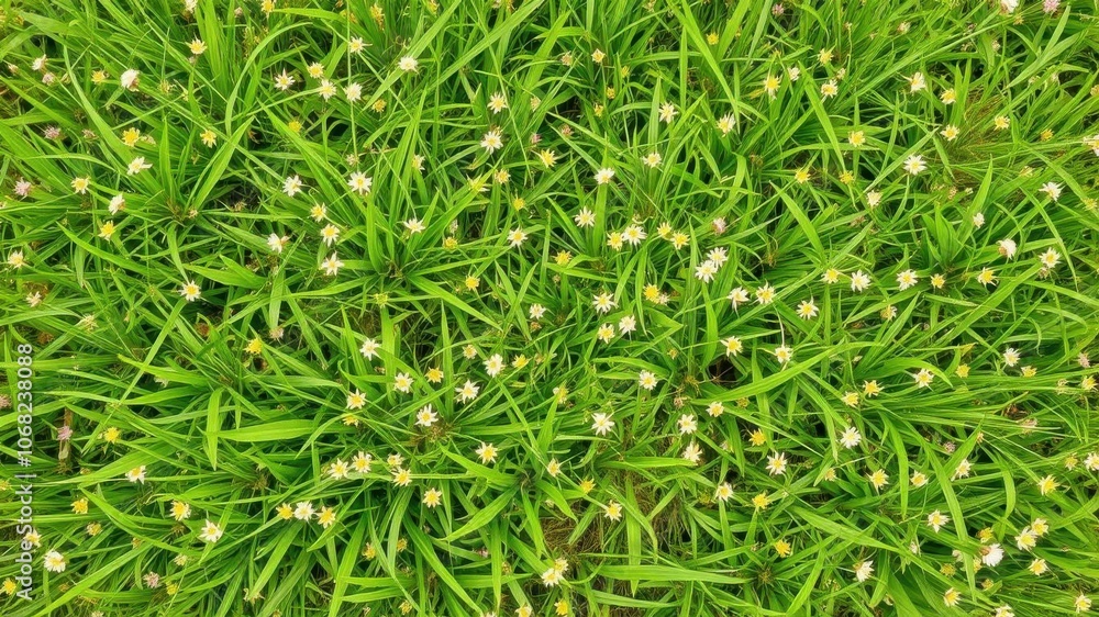 Vivid and vibrant green grass meadow with small wildflowers, grass Vivid and vibrant green grass meadow with small wildflowers, grass