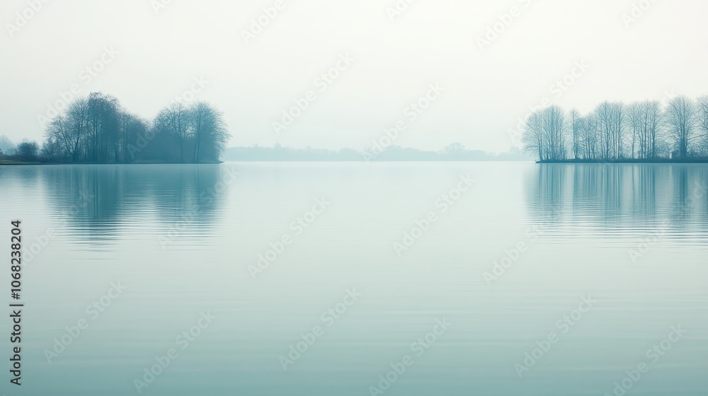 Fototapeta premium A serene lake scene with misty surroundings and reflective water, evoking tranquility and calmness.