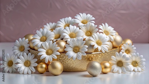 Golden Easter eggs and white daisies in a gold bowl on a white background.