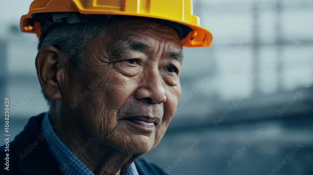 Experienced engineer gazing thoughtfully at construction site in hard hat Experienced engineer gazing thoughtfully at construction site in hard hat