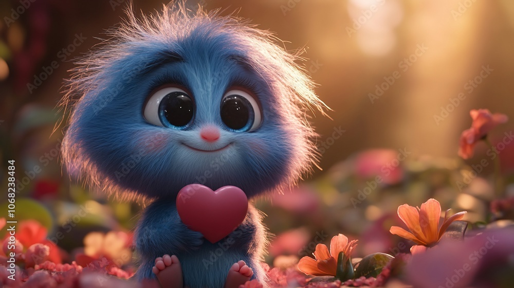 Cute blue furry creature holding a pink heart in a flower field. Cute blue furry creature holding a pink heart in a flower field.