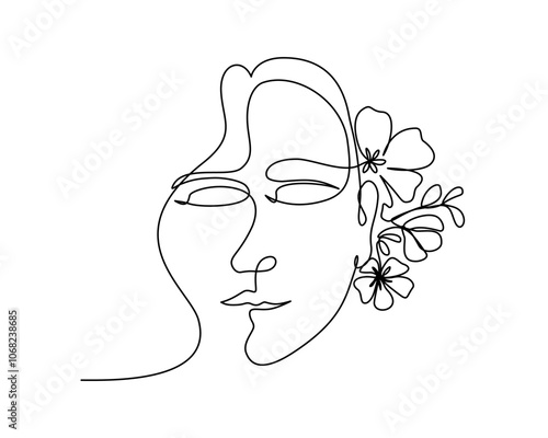 Continuous line art of a beautiful woman with flowers, editable stroke.