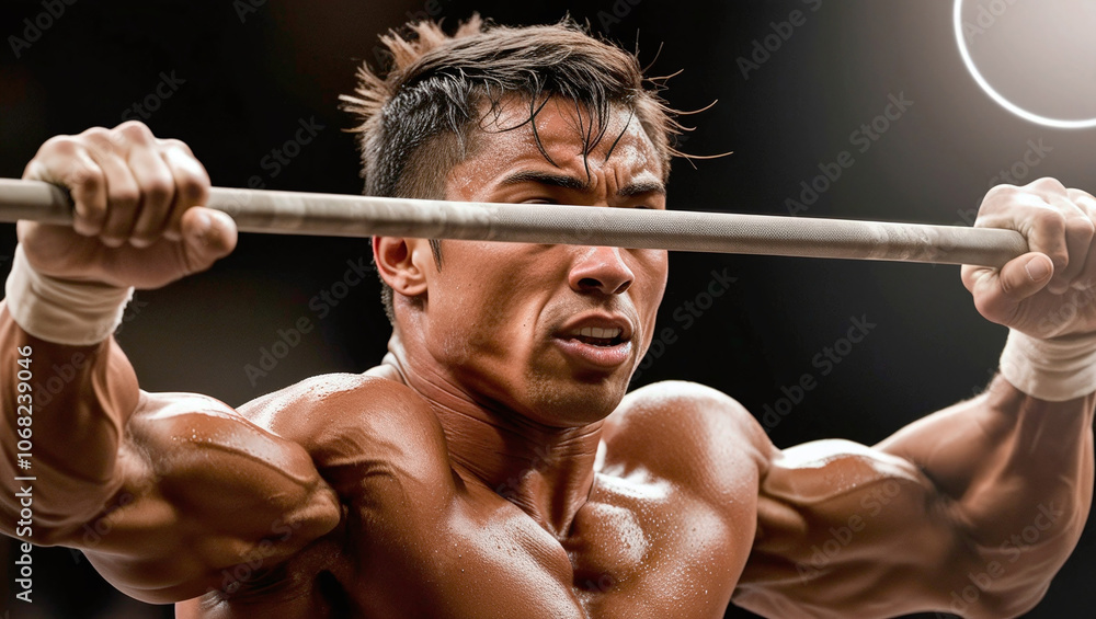 a man with a muscular build who lifts a barbell. His face is tense, he is focused on doing the exercise. a man with a muscular build who lifts a barbell. His face is tense, he is focused on doing the exercise.