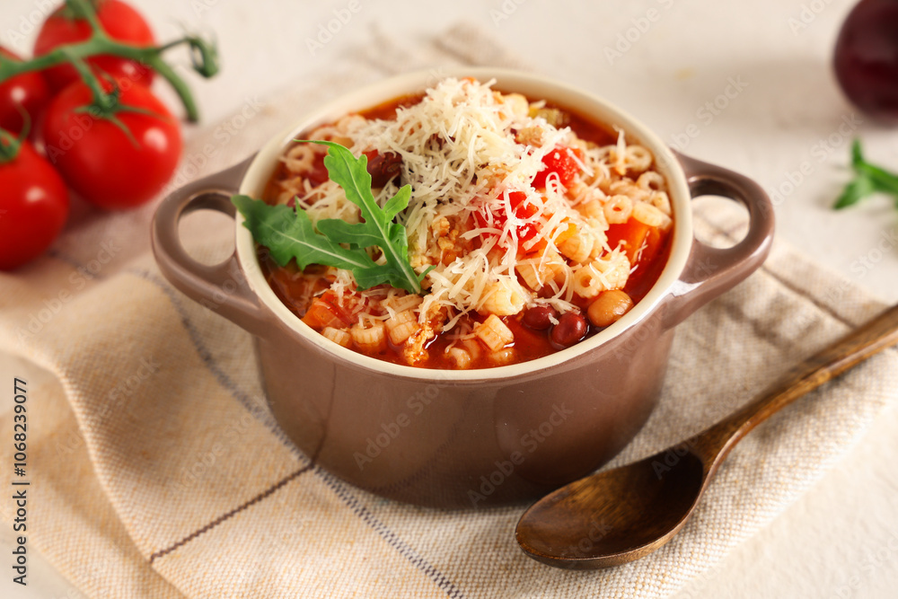 Bowl of pasta fagioli with cheese, arugula and tomatoes on white background Bowl of pasta fagioli with cheese, arugula and tomatoes on white background