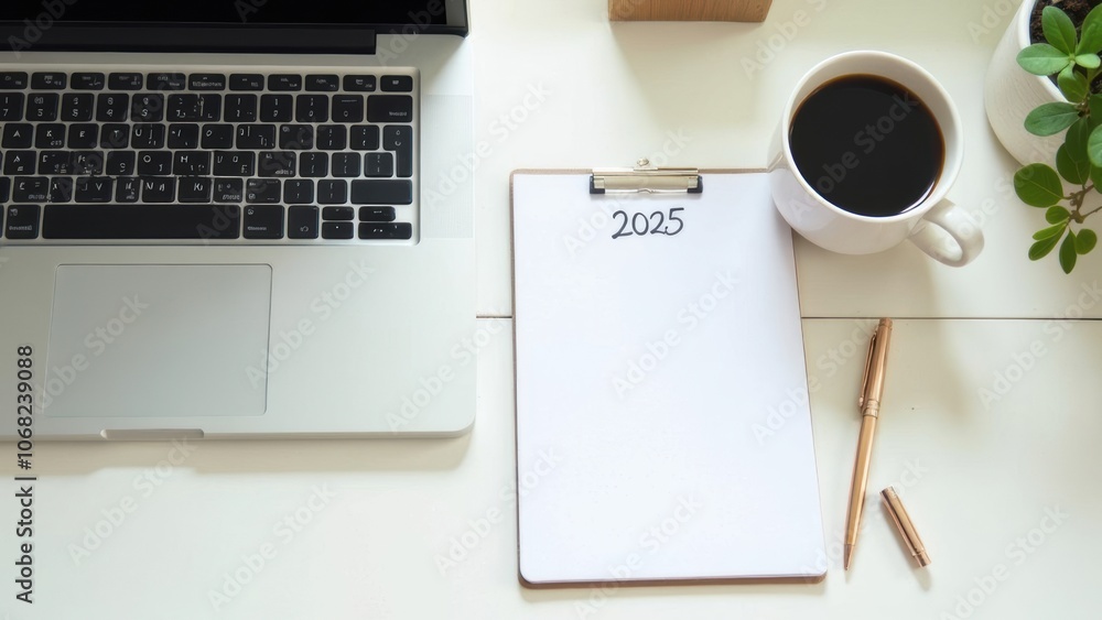 A tidy work desk featuring a clipboard marked with A tidy work desk featuring a clipboard marked with