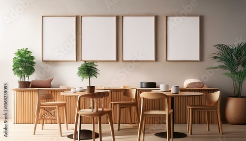 Interior of a modern cafe with blank posters on the wall, wooden design elements, and minimalist furniture, concept of interior design. 3D Rendering