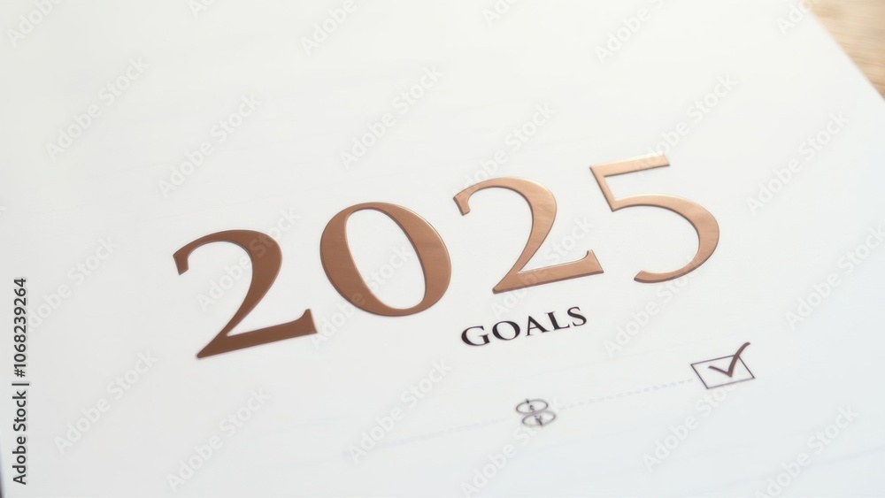 word '2025' written in gold on a goals list, symbolizing ambition and planning for a successful year. A checklist is partially visible, indicating goal-setting and progress tracking word '2025' written in gold on a goals list, symbolizing ambition and planning for a successful year. A checklist is partially visible, indicating goal-setting and progress tracking