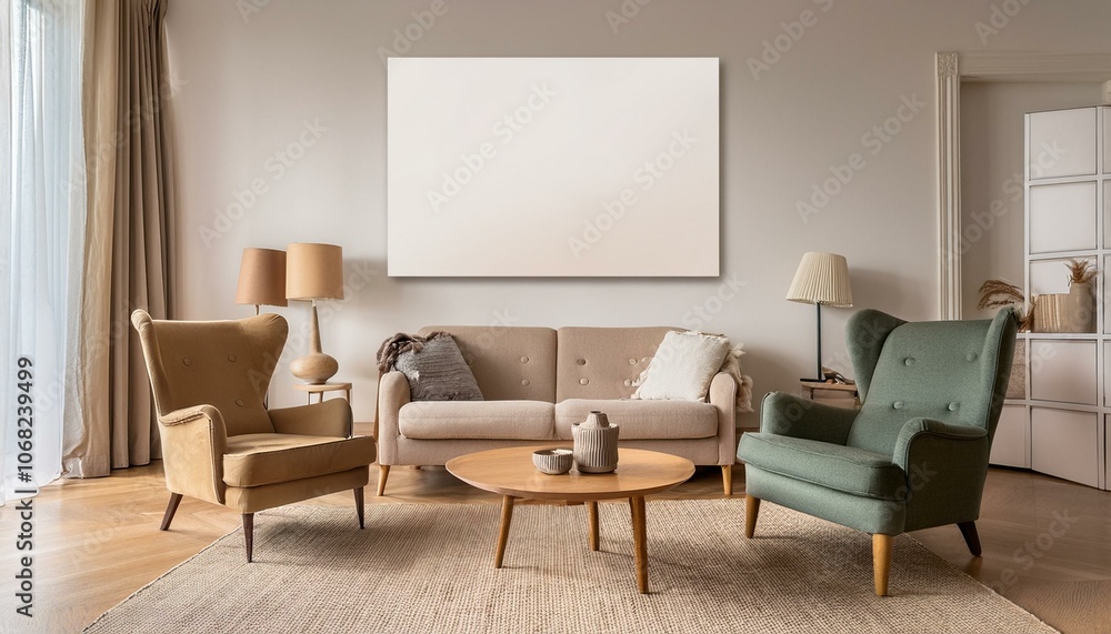 Light guest room interior with two armchairs and sofa, mockup poster Light guest room interior with two armchairs and sofa, mockup poster