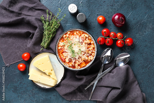 Bowl of pasta fagioli with ingredients on dark background photo