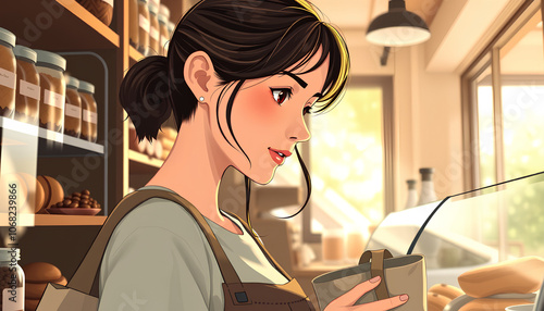 A shopper selecting items from a grocery store A captivating illustration of a young woman choosing coffee beans in a cozy coffee shop, her warm smile reflecting the inviting atmosphere.