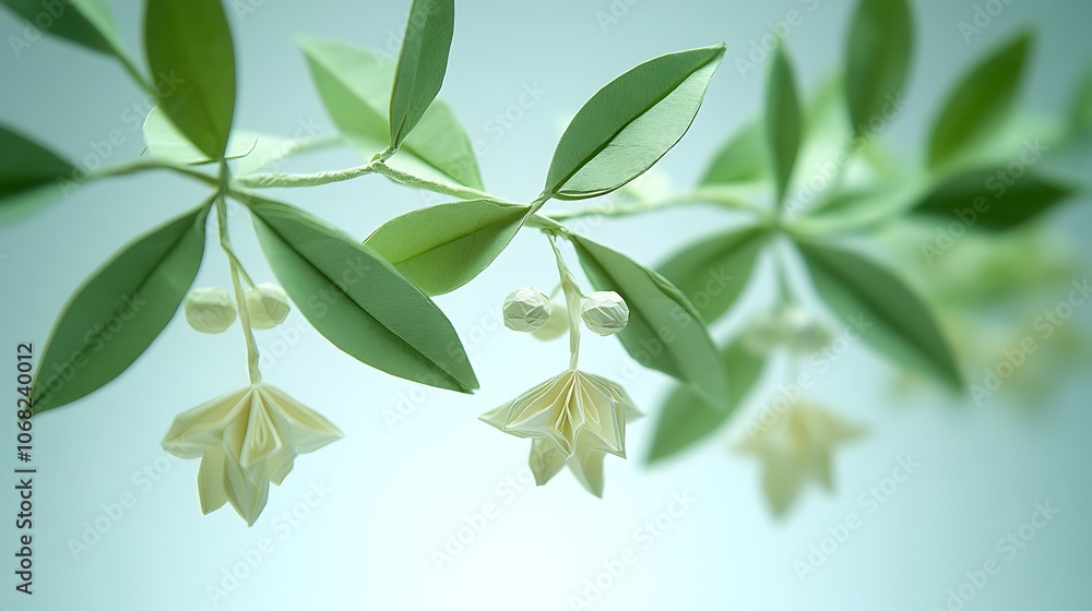 A detailed origami mistletoe hanging from the top of the frame, with delicate folded leaves and small paper berries, set against a clean white background, A detailed origami mistletoe hanging from the top of the frame, with delicate folded leaves and small paper berries, set against a clean white background,
