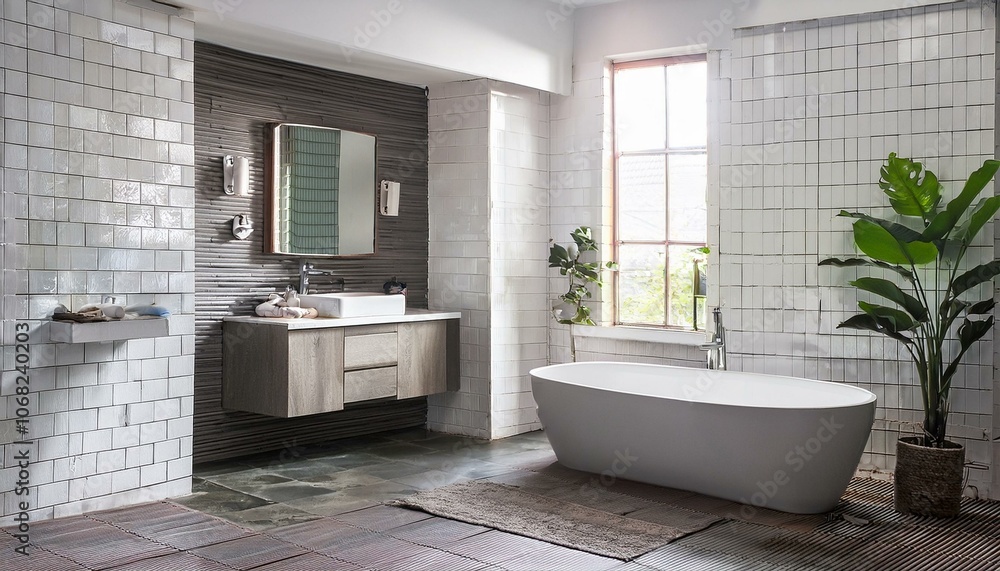 Loft white tile bathroom corner, tub and sink Loft white tile bathroom corner, tub and sink