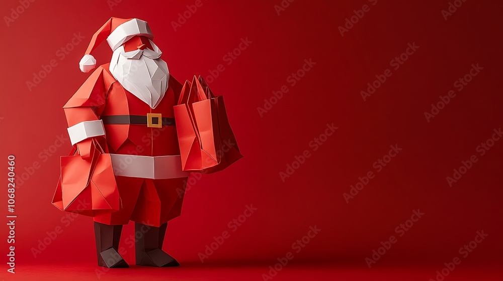 A festive origami Santa Claus with gift bags in hand, placed on a smooth, plain red background, with fine folds and bright details highlighted by gentle, ambient lighting. --ar 16:9 A festive origami Santa Claus with gift bags in hand, placed on a smooth, plain red background, with fine folds and bright details highlighted by gentle, ambient lighting. --ar 16:9