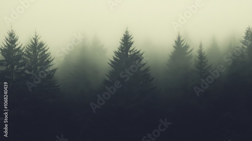 A misty forest scene with tall evergreen tree shrouded in fog, creating a mysterious atmosphere.