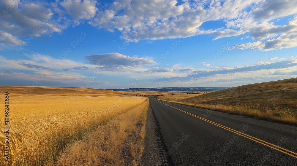 Fototapeta premium A winding road stretches through golden wheat fields under a vast blue sky in rural landscape during late afternoon light