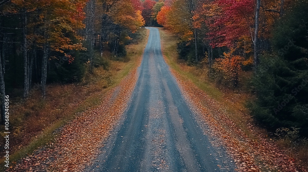 Fototapeta premium An aerial view of a winding road through a forest with vibrant autumn foliage. The road is lined with tall trees in various shades of red, orange, and yellow.