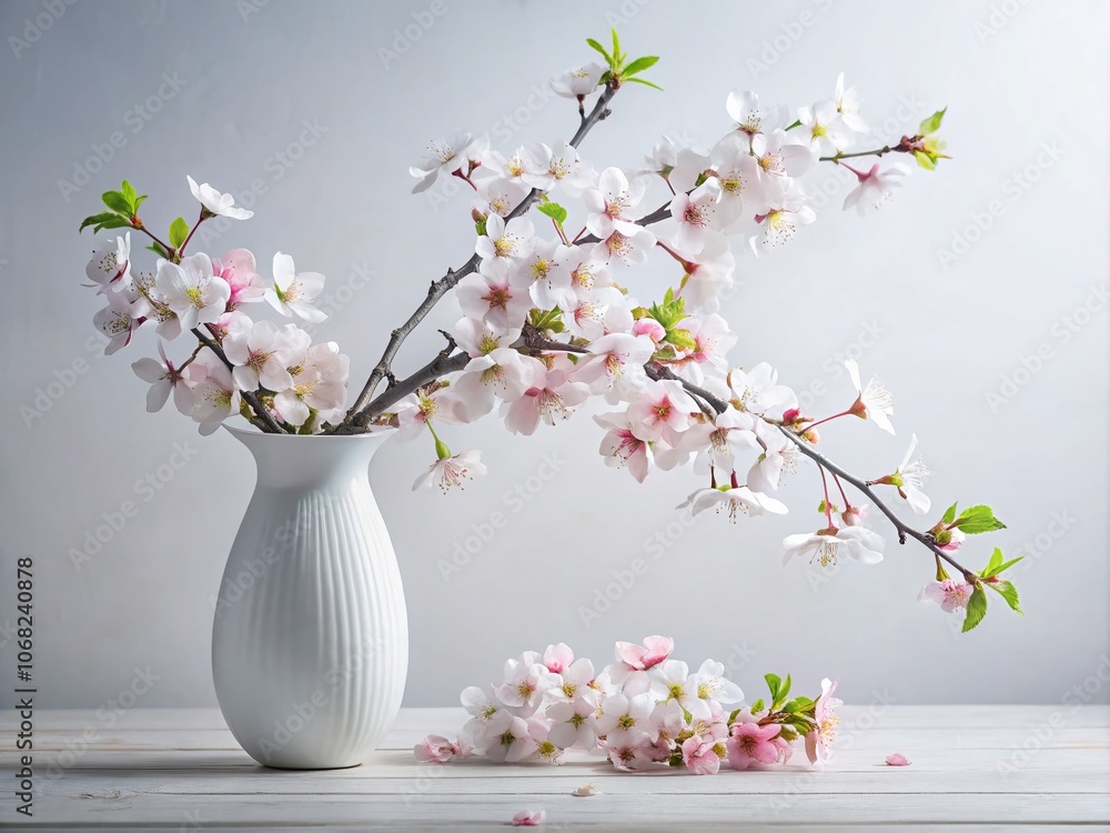 A Serene Moment: Delicate Cherry Blossom Branch in a Minimalist White Vase Casting Soft Shadows – Perfect for Tranquility and Nature Lovers A Serene Moment: Delicate Cherry Blossom Branch in a Minimalist White Vase Casting Soft Shadows – Perfect for Tranquility and Nature Lovers