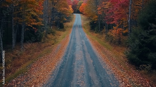 An aerial view of a winding road through a forest with vibrant autumn foliage. The road is lined with tall trees in various shades of red, orange, and yellow.