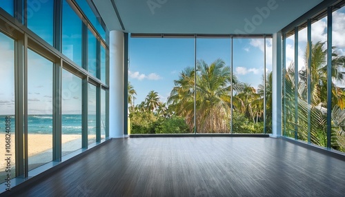 Minimalist empty office interior and panoramic window on tropics