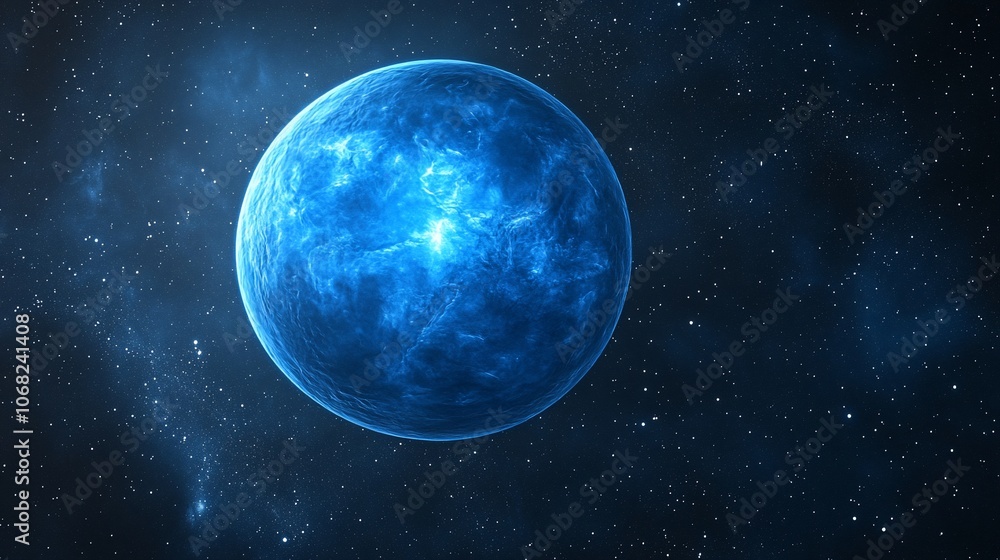 A blue planet with a bright white spot in the center surrounded by a dark blue nebula. A blue planet with a bright white spot in the center surrounded by a dark blue nebula.