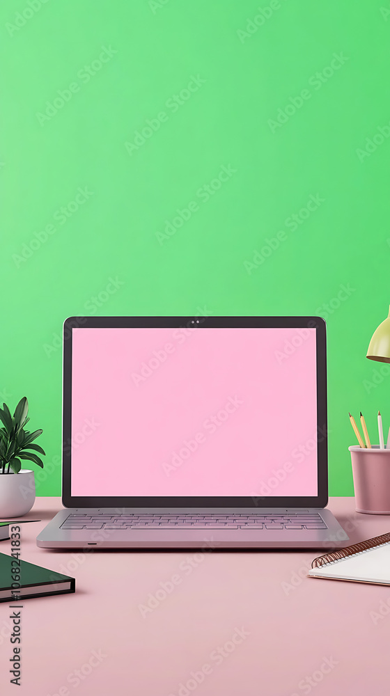 Modern Workspace with Laptop and Green Background Modern Workspace with Laptop and Green Background