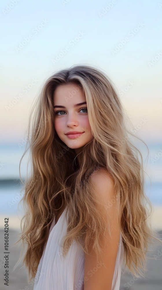 Young woman embraces beach breeze with long hair Young woman embraces beach breeze with long hair