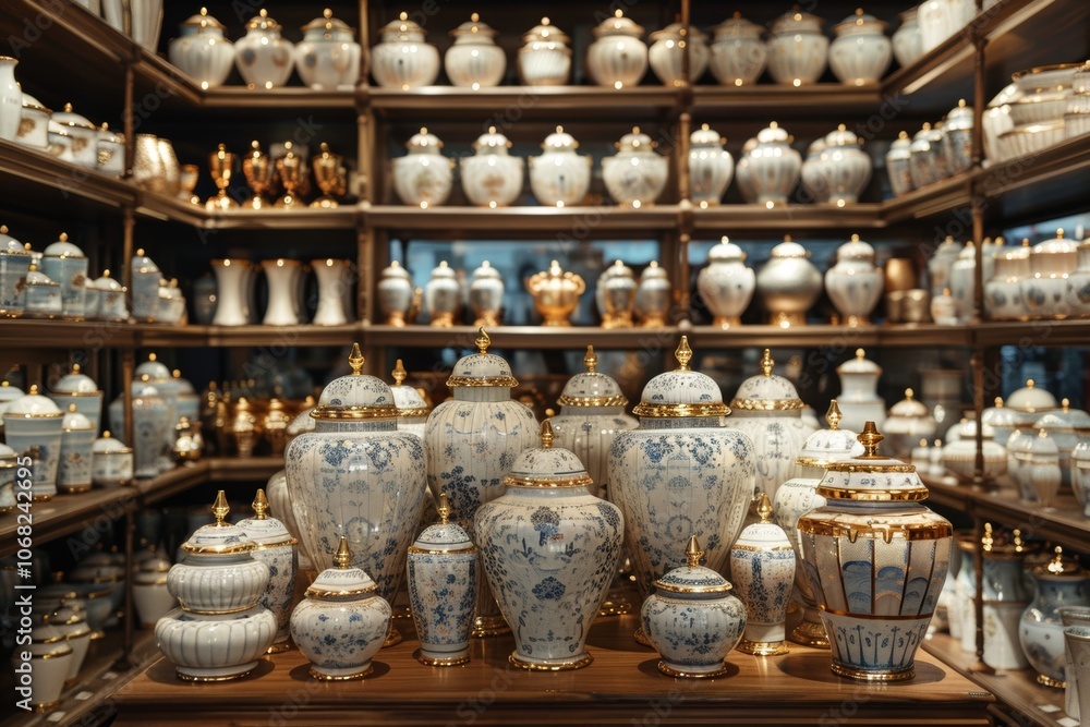 An elegant display of intricately designed porcelain urns and jars in a well-lit shop showcasing craftsmanship and artistic detail An elegant display of intricately designed porcelain urns and jars in a well-lit shop showcasing craftsmanship and artistic detail