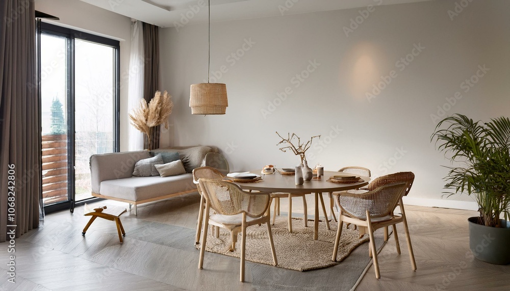 Modern home living room interior with chill and dining zone, mockup wall Modern home living room interior with chill and dining zone, mockup wall