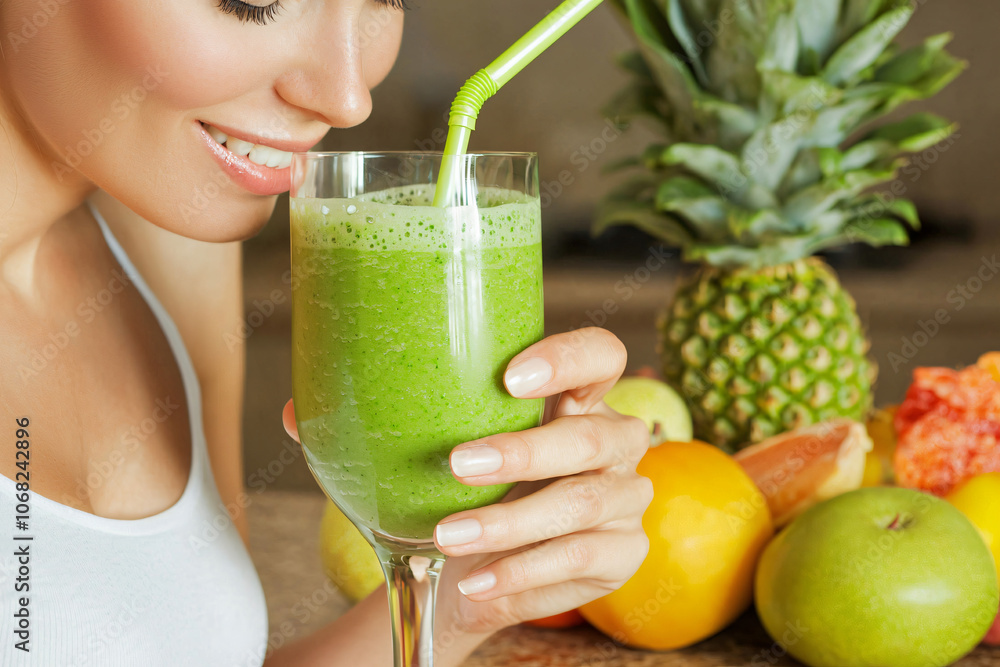 a woman sipping a green smoothie, detox routine
a woman sipping a green smoothie, detox routine
