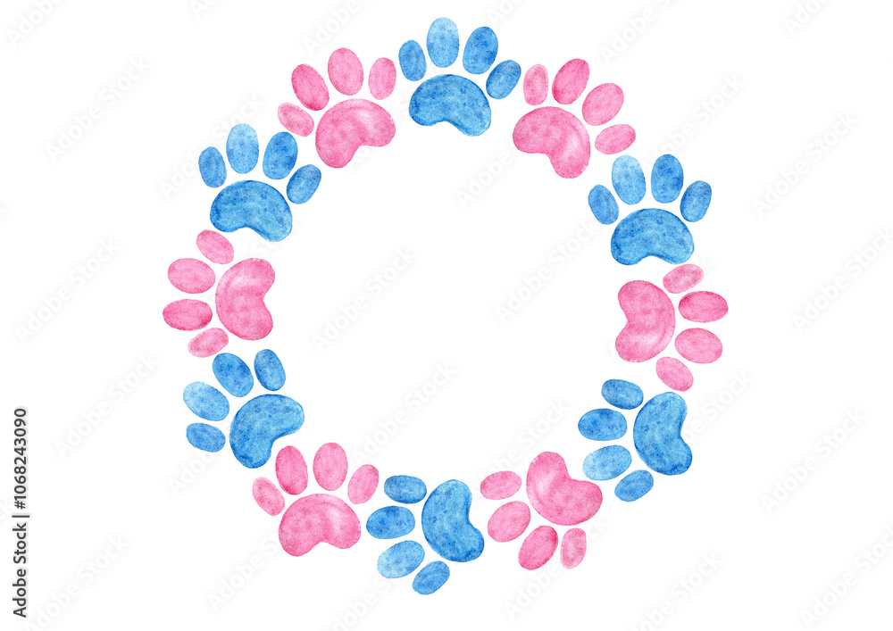 Round frame made of pet paw prints. Pink and blue color. Watercolor. Different shades of colors. White copy space and background. Frame isolated on background. Baby shower Round frame made of pet paw prints. Pink and blue color. Watercolor. Different shades of colors. White copy space and background. Frame isolated on background. Baby shower