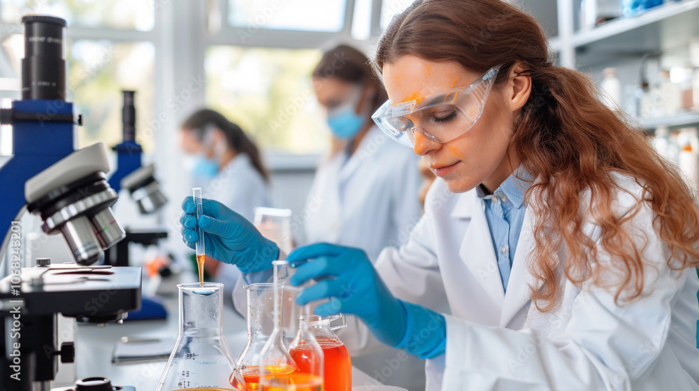 A female scientist in a lab coat and safety goggles carefully adds a liquid to a beaker using a pipette while working in a laboratory. A female scientist in a lab coat and safety goggles carefully adds a liquid to a beaker using a pipette while working in a laboratory.