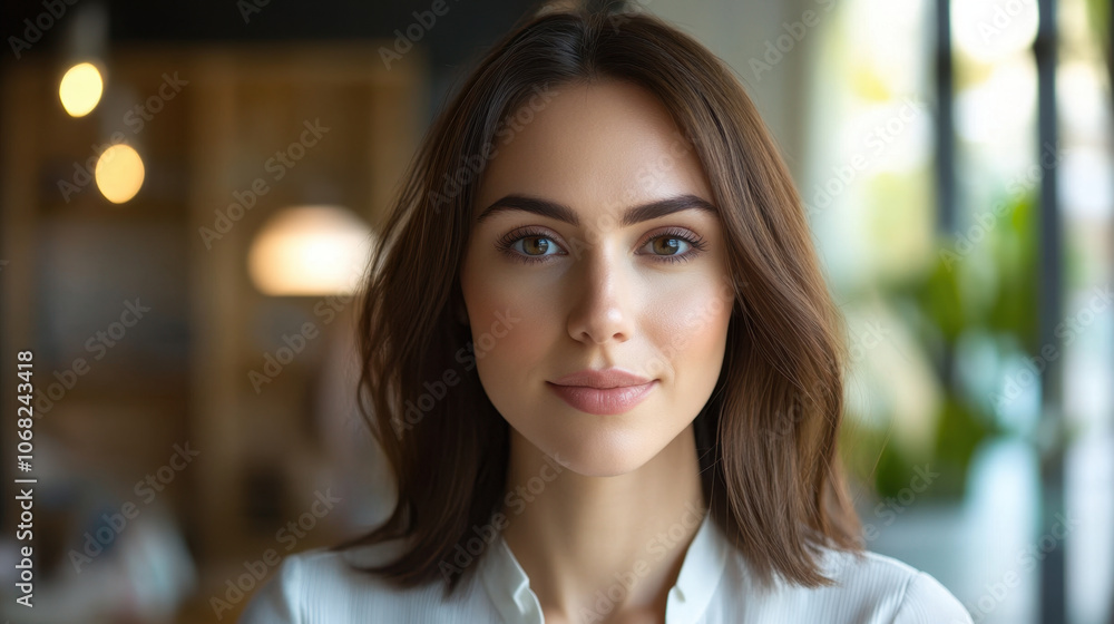 Fototapeta premium confident woman in her early 30s is captured in bright, modern setting, showcasing her natural beauty and poise. warm lighting enhances her features, creating inviting atmosphere