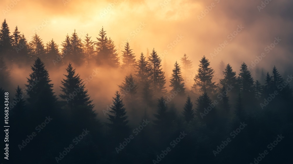 Naklejka premium A misty forest at dawn with silhouettes of evergreen tree against a golden sky.