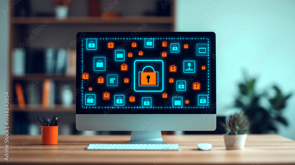 modern computer screen displaying digital security icons and locks, symbolizing cybersecurity and data protection. workspace is organized and inviting modern computer screen displaying digital security icons and locks, symbolizing cybersecurity and data protection. workspace is organized and inviting