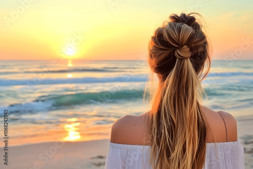 Woman enjoys serene sunset by ocean