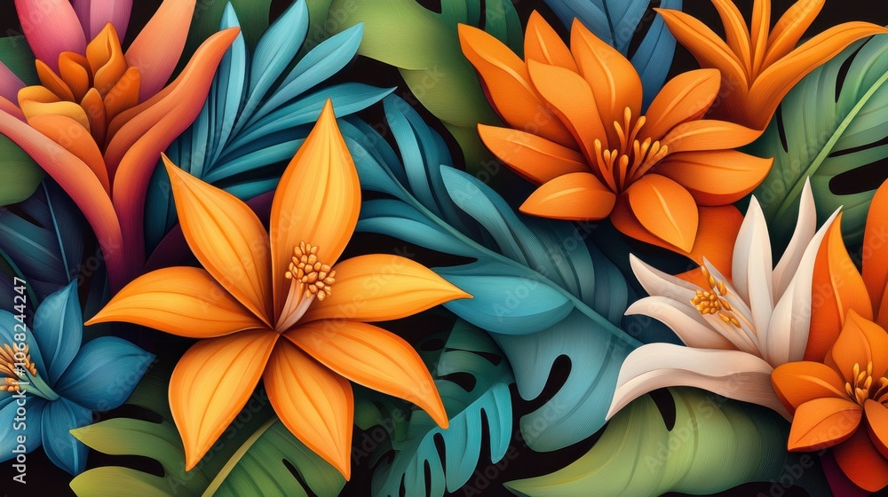 Vibrant tropical flowers and leaves on dark background Vibrant tropical flowers and leaves on dark background