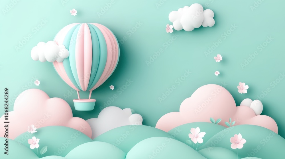 Pastel hot air balloon floating over dreamy landscape with clouds and blossoms Pastel hot air balloon floating over dreamy landscape with clouds and blossoms
