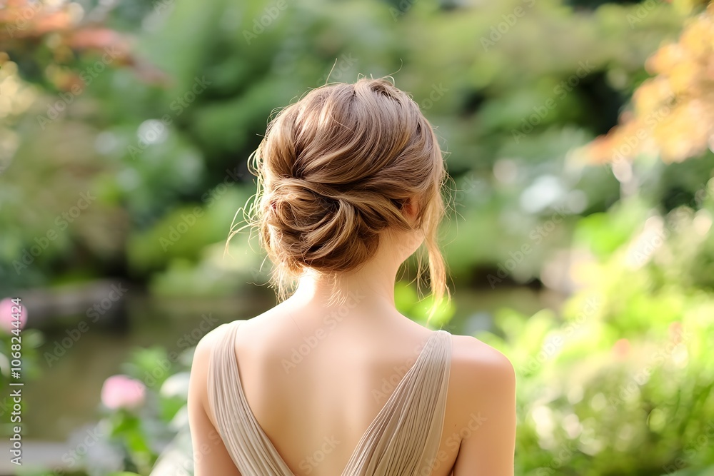Woman enjoys tranquil garden view Woman enjoys tranquil garden view