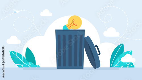 Bad ideas and no inspiration. Wasted unworkable idea, business failure or abandoned project concept,  lightbulb idea on full of junk idea in basket bin.
Vector illustration.