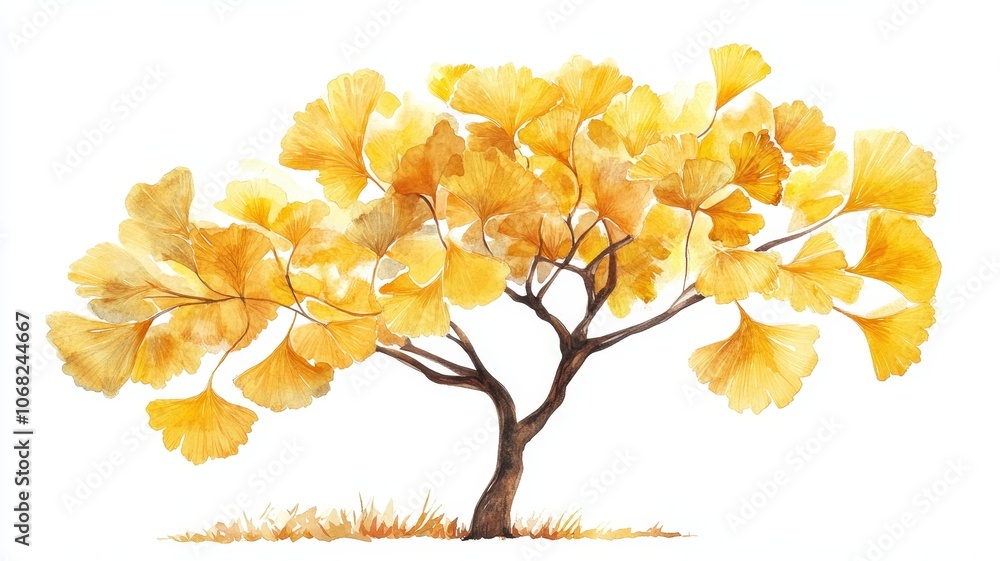 Watercolor hand drawn of autumn trees,red maple tree on white background,hand drawn watercolor vector illustration,Autumn forest path,Ginkgo biloba foliage in fall forest. Watercolor hand drawn of autumn trees,red maple tree on white background,hand drawn watercolor vector illustration,Autumn forest path,Ginkgo biloba foliage in fall forest.