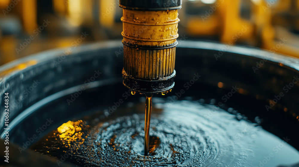 Fototapeta premium Close up shot of crude oil being poured into barrel, showcasing texture and flow