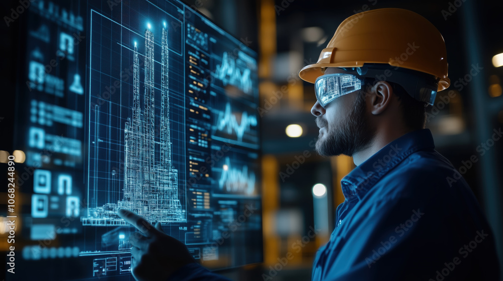 petroleum engineer analyzing data on digital screen with focus and precision petroleum engineer analyzing data on digital screen with focus and precision
