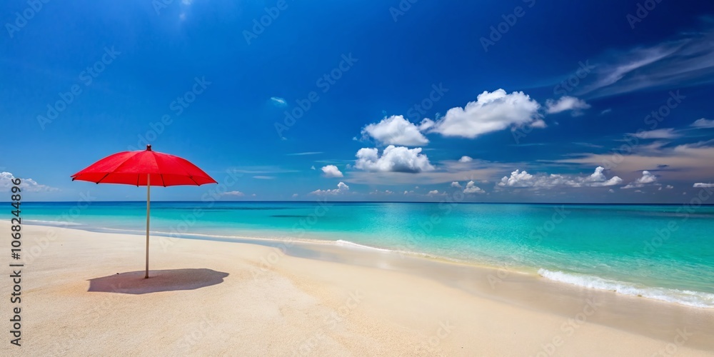 A Vibrant Red Umbrella on a Serene Beach with Crystal Blue Waters, Inviting Relaxation and Blissful Moments in a Perfect Coastal Escape A Vibrant Red Umbrella on a Serene Beach with Crystal Blue Waters, Inviting Relaxation and Blissful Moments in a Perfect Coastal Escape